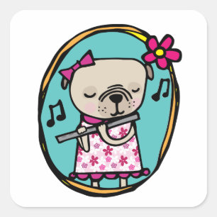 Pug med Flute Fyrkantigt Klistermärke