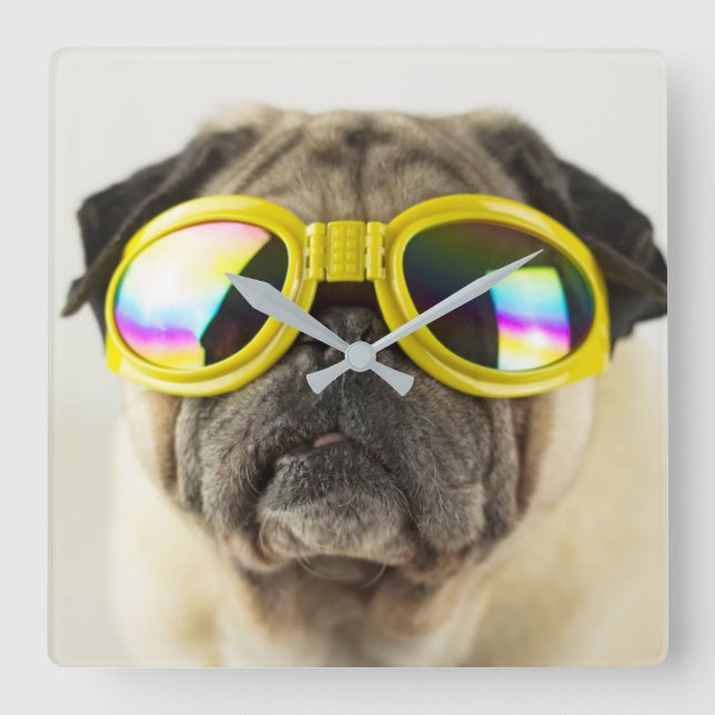 Pug med Goggles Fyrkantig Klocka (Framsida)