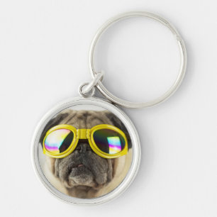 Pug med Goggles Rund Silverfärgad Nyckelring
