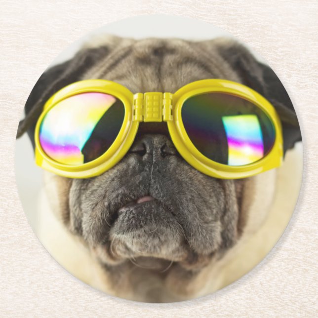 Pug med Goggles Underlägg Papper Rund (Framsidan)
