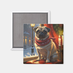 Pug med julen Ljus Helgdag Magnet