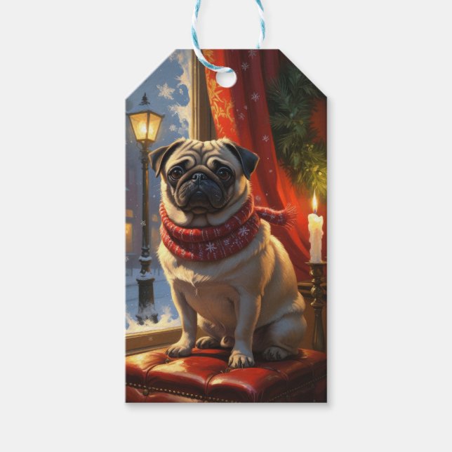 Pug med julen Ljus Helgdag Presentetikett (Framsidan)