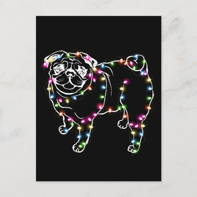 Pug med julklappat Pug Owner Julafton ger henne Vykort (Framsida)