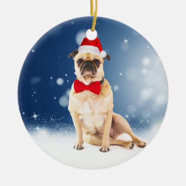 Pug med jultomten Hat Julgransprydnad Keramik (Framsidan)