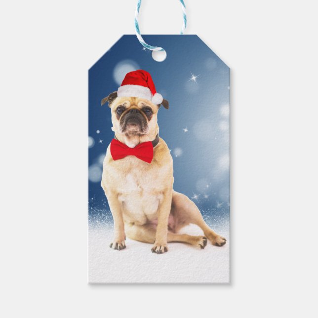 Pug med jultomten Hat Presentetikett (Framsidan)