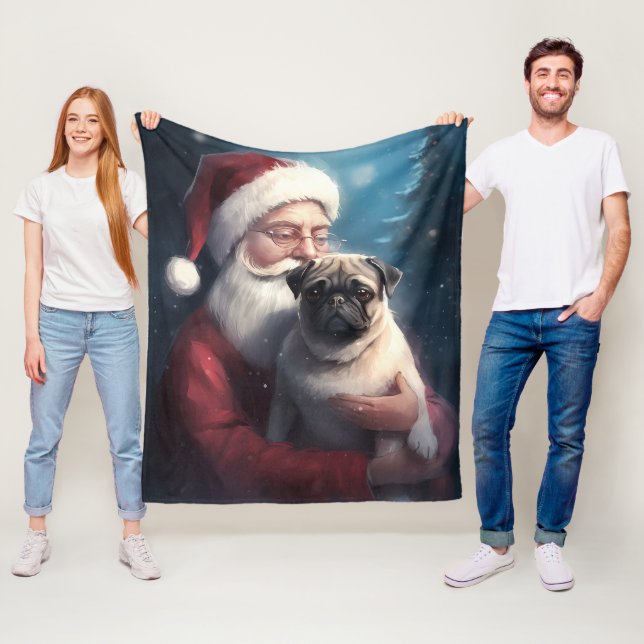 Pug med Jultomten julafton Fleecefilt (På plats)