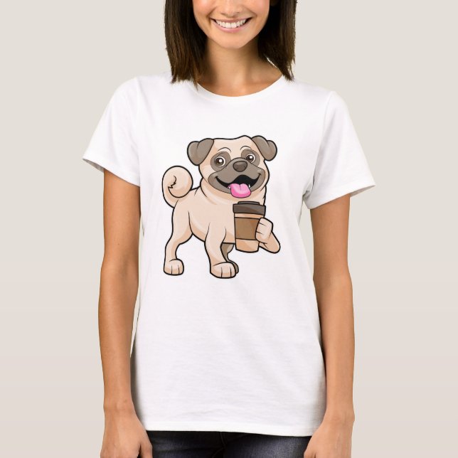 Pug med kaffe att gå med t shirt (Framsida)