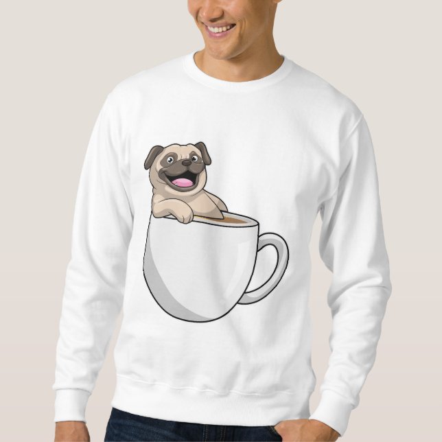 Pug med Kopp i kaffe Lång Ärmad Tröja (Framsida)