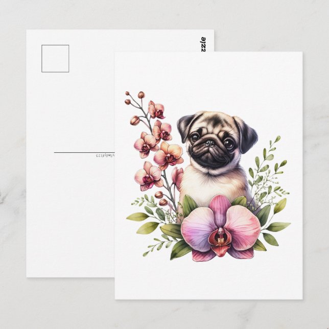 Pug med Orchid Gren, Postcross Vykort (Fram/baksida)
