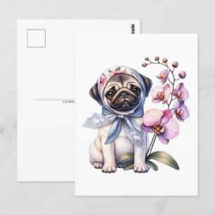 Pug med Orchid Gren, Postcross Vykort
