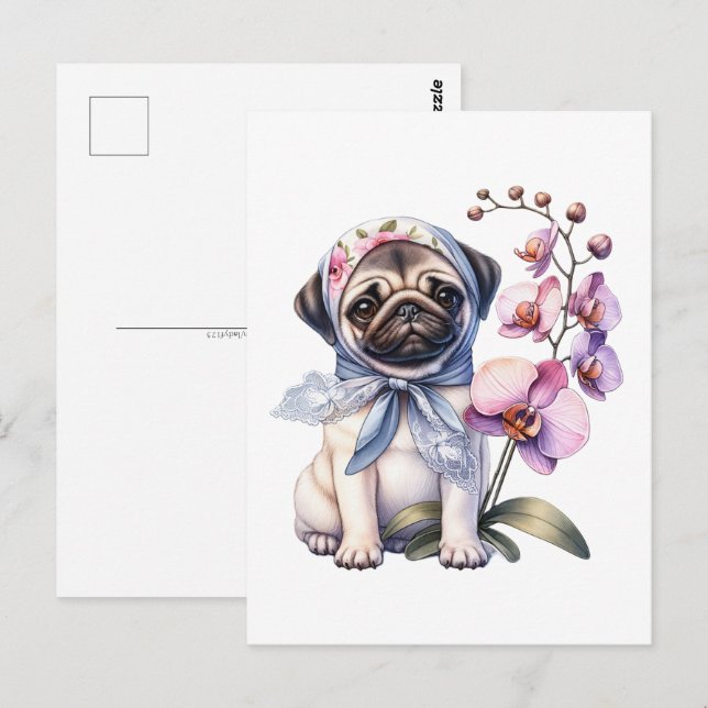Pug med Orchid Gren, Postcross Vykort (Fram/baksida)