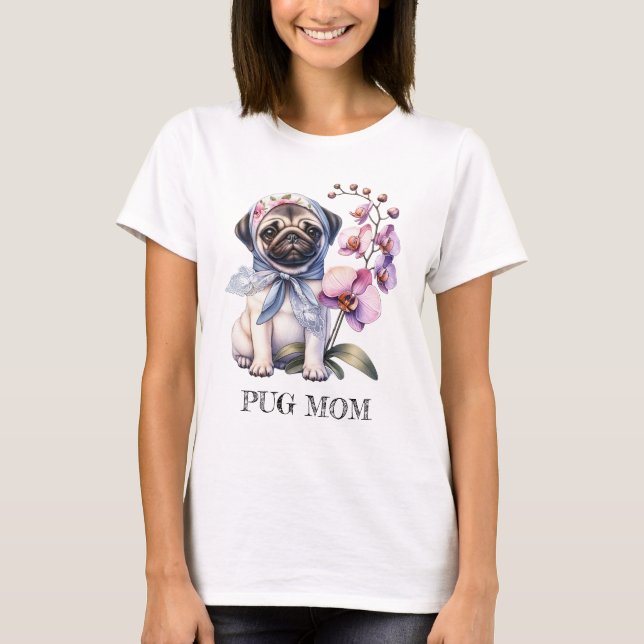 Pug med Orchid Gren, vattenfärg, T Shirt (Framsida)