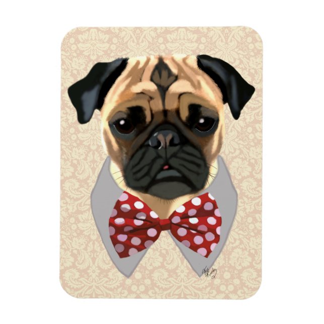Pug med Red and White Spotty Bow Tie Magnet (Vertikal)