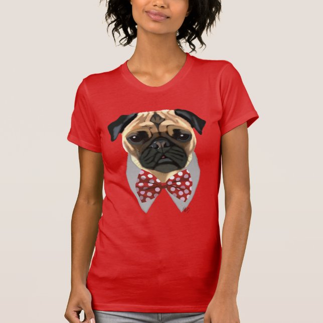 Pug med Red and White Spotty Bow Tie T Shirt (Framsida)