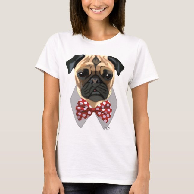 Pug med Red and White Spotty Bow Tie T Shirt (Framsida)