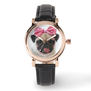 Pug med Rosa Bow Armbandsur