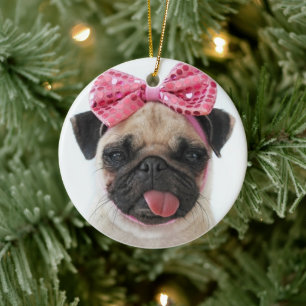 Pug med Rosa Bow Julgransprydnad Keramik