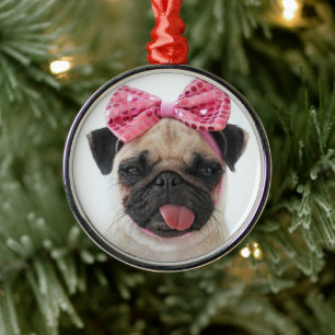 Pug med Rosa Bow Julgransprydnad Metall