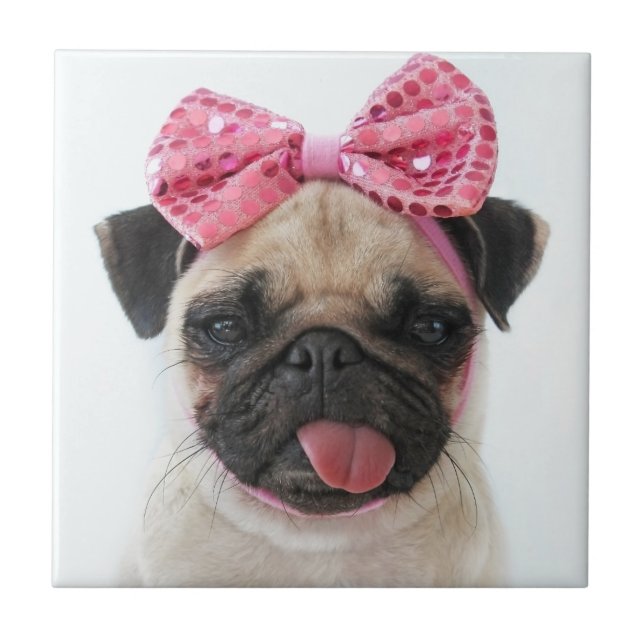 Pug med Rosa Bow Kakelplatta (Framsidan)