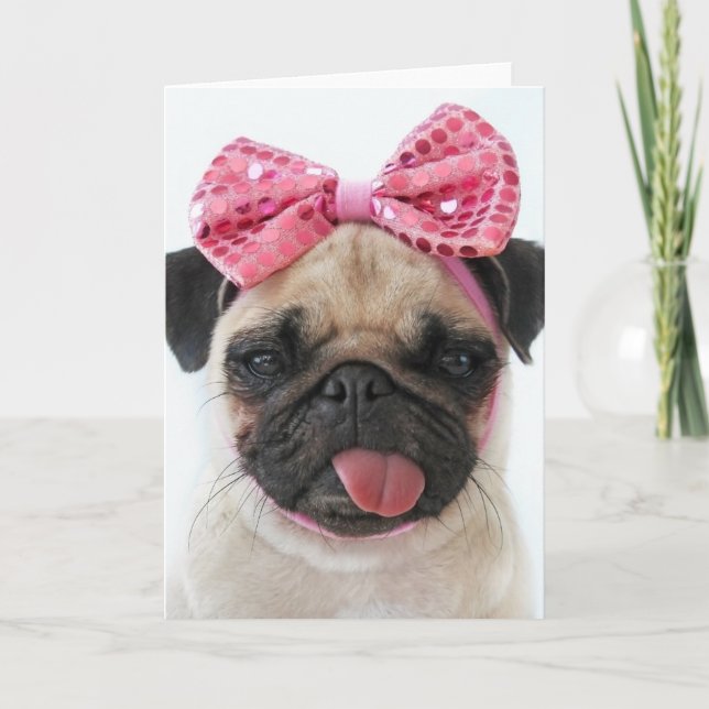Pug med Rosa Bow Kort (Framsida)