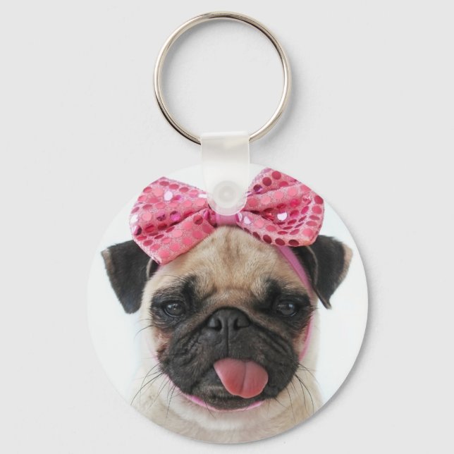 Pug med Rosa Bow Nyckelring (Framsida)