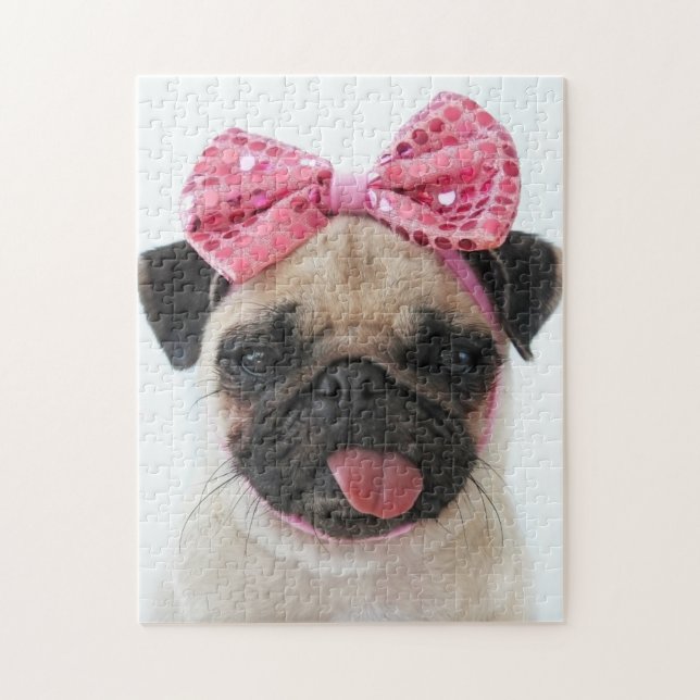 Pug med Rosa Bow Pussel (Vertikal)