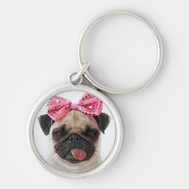 Pug med Rosa Bow Rund Silverfärgad Nyckelring (Framsidan)