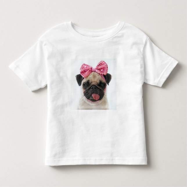 Pug med Rosa Bow T Shirt (Framsida)