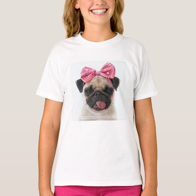 Pug med Rosa Bow T Shirt (Framsida)