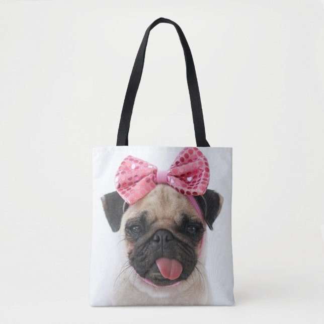 Pug med Rosa Bow Tygkasse (Framsida)