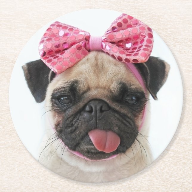 Pug med Rosa Bow Underlägg Papper Rund (Framsidan)