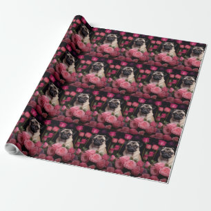 Pug med Rosa ros Flowers Blommigt Presentpapper