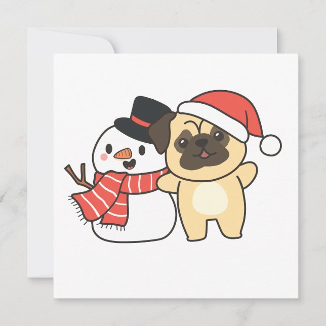 Pug med Snögubbe i vinter för jul-Helgdag C Julkort (Framsida)