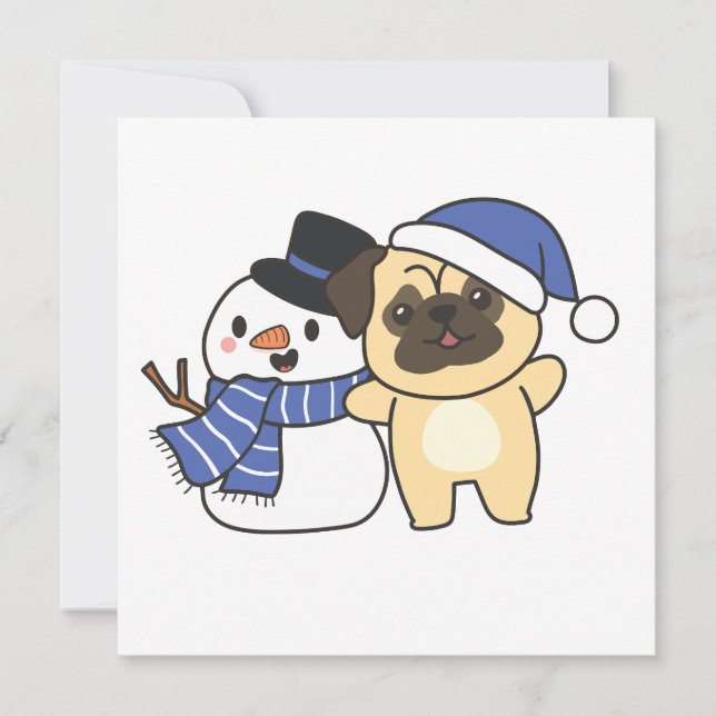 Pug med Snögubbe i vinter för jul Julkort (Framsida)