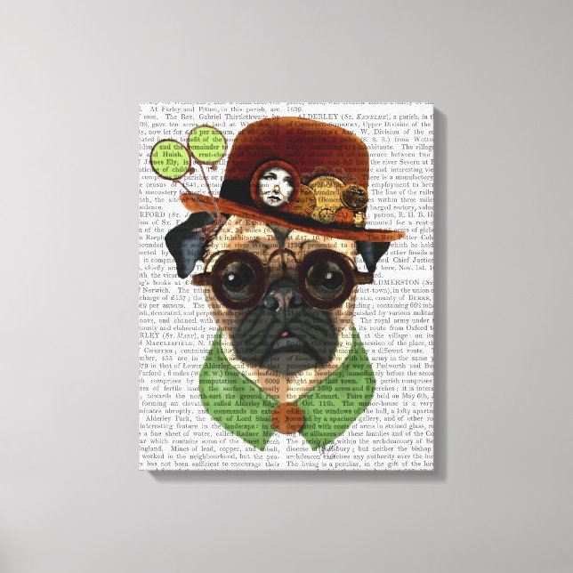 Pug med Steampunk Bowlareare Hat Canvastryck (Framsida)