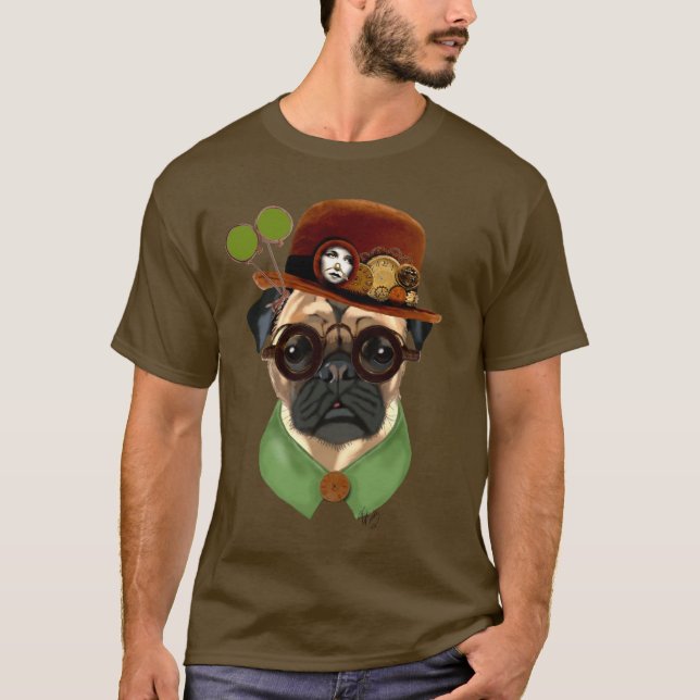 Pug med Steampunk Bowlareare Hat Tee Shirt (Framsida)