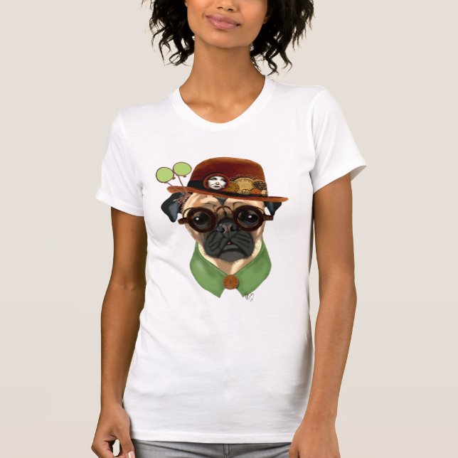 Pug med Steampunk Bowlareare Hat Tee Shirt (Framsida)