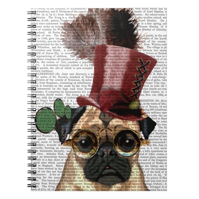 Pug med Steampunk Stil Top hat Anteckningsbok Med Spiral (Framsidan)