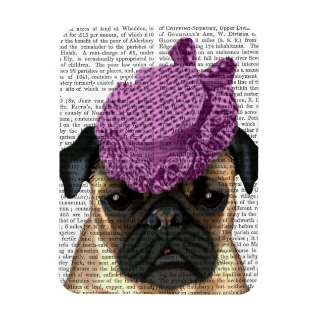 Pug med Vintage Lila Hat Magnet (Vertikal)