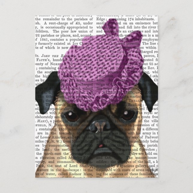 Pug med Vintage Lila Hat Vykort (Framsida)