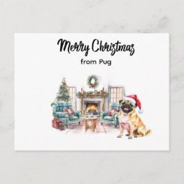 Pug Merry Christmas watercolor Postcard Vykort