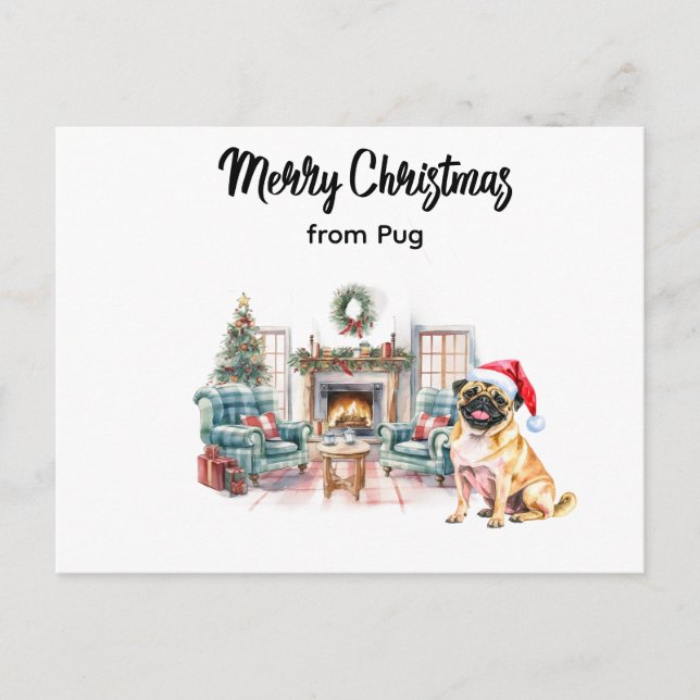 Pug Merry Christmas watercolor Postcard Vykort (Framsida)