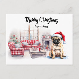 Pug Merry Christmas watercolor Postcard Vykort
