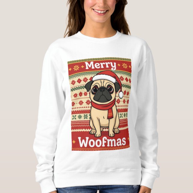 Pug Merry Woofmas T Shirt (Framsida)