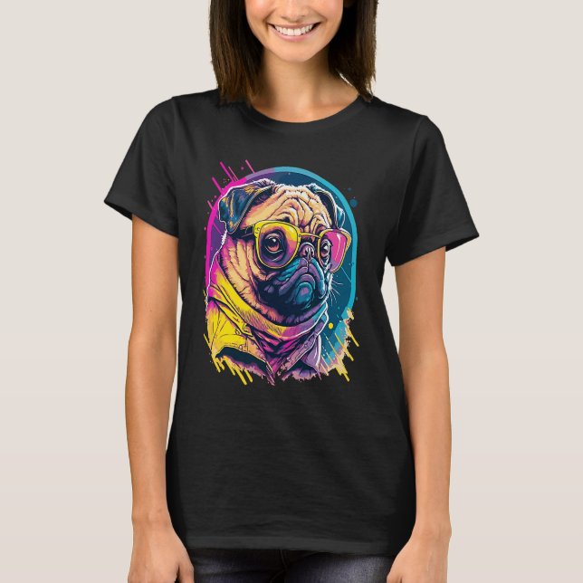 Pug Mops Carlin Hund med solglasögon T Shirt (Framsida)