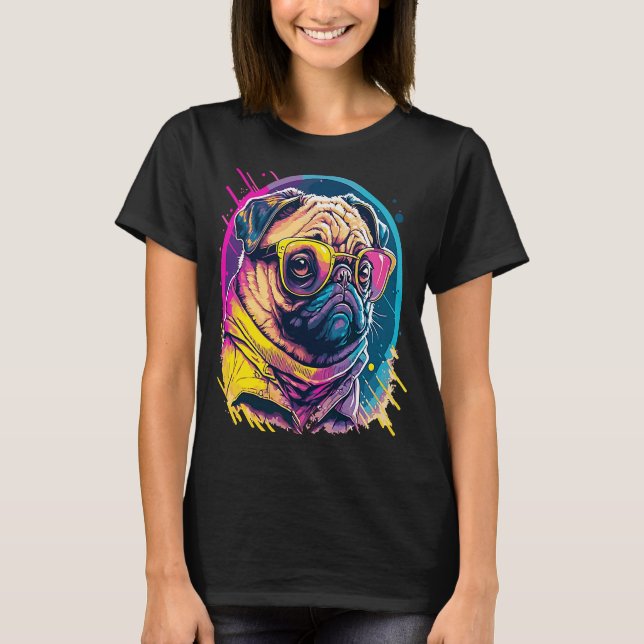 Pug Mops Carlin Hund med solglasögon T Shirt (Framsida)