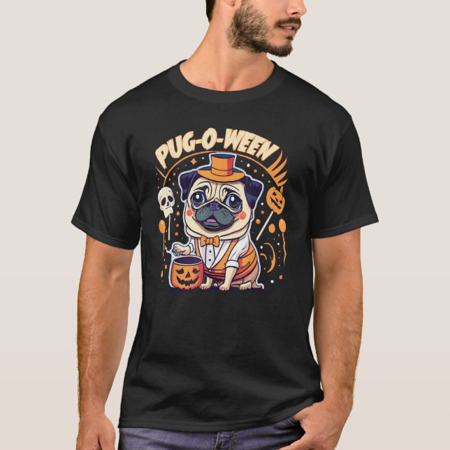 Pug-o-Ween Söt Pug-valp i Halloween-dräkt T Shirt (Framsida)