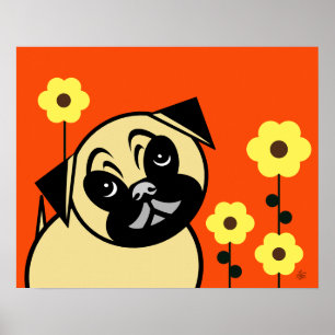 Pug och Gult blommar på Orangens bakgrund Poster