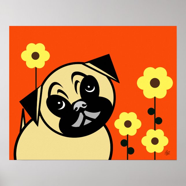 Pug och Gult blommar på Orangens bakgrund Poster (Framsidan)