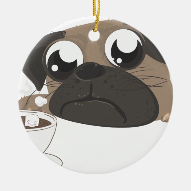 Pug och kaffe julgransprydnad keramik (Framsidan)